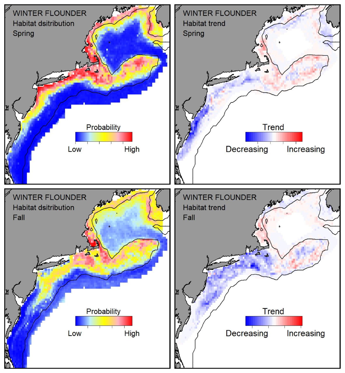 Probable habitat distribution for winter flounder showing the highest concentration and increasing trend in the Gulf of Maine during the spring. Bottom row: Probable habitat distribution for winter flounder showing the highest concentration and increasing trend in the Gulf of Maine during the fall.