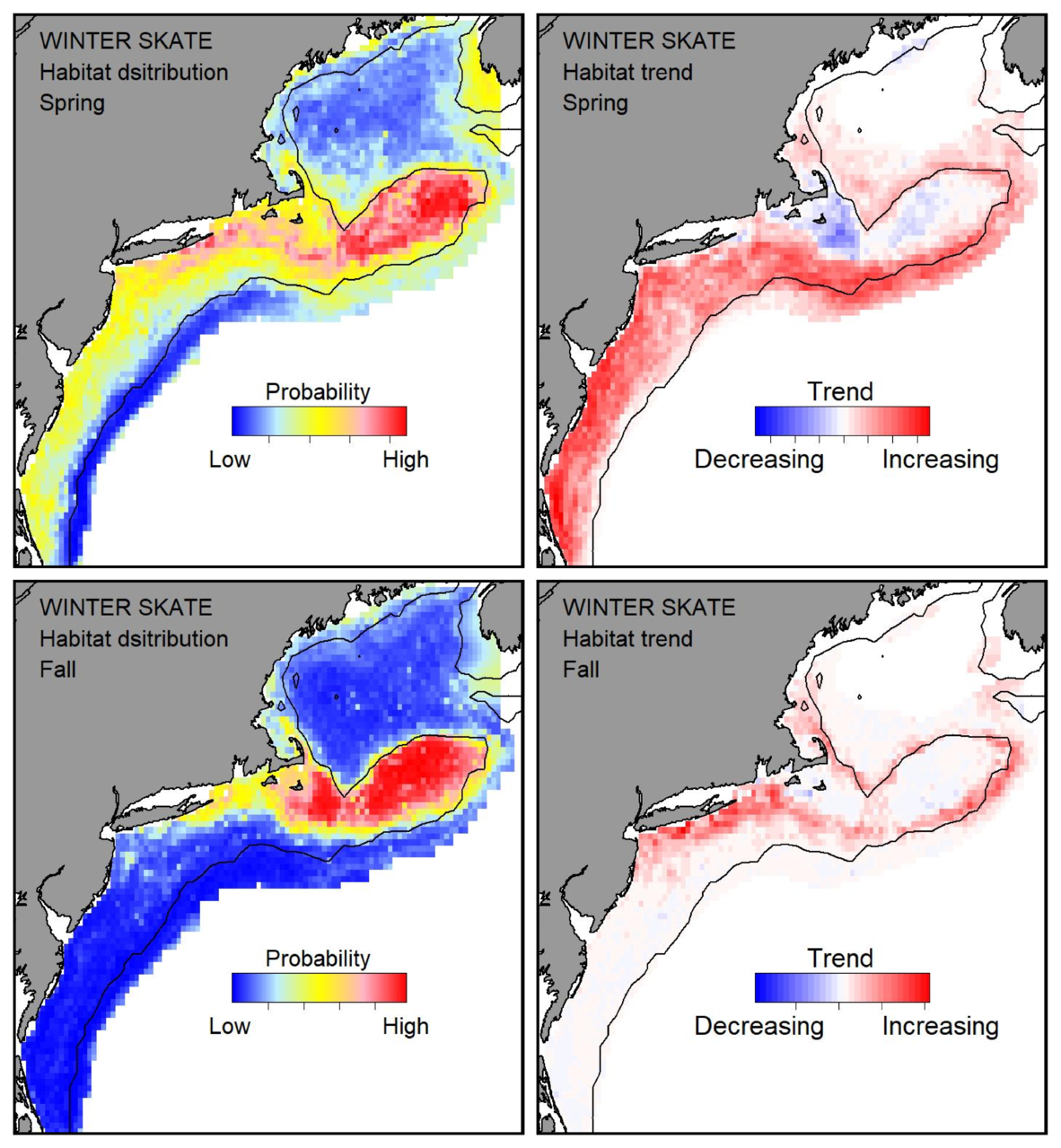 Top row: Probable habitat distribution for winter skate showing the highest concentration and increasing trend in the Gulf of Maine during the spring. Bottom row: Probable habitat distribution for winter skate showing the highest concentration and increasing trend in the Gulf of Maine during the fall.