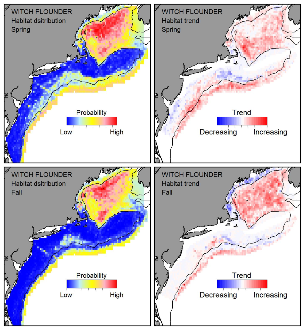 Probable habitat distribution for witch flounder showing the highest concentration and increasing trend in the Gulf of Maine during the spring. Bottom row: Probable habitat distribution for witch flounder showing the highest concentration and increasing trend in the Gulf of Maine during the fall.