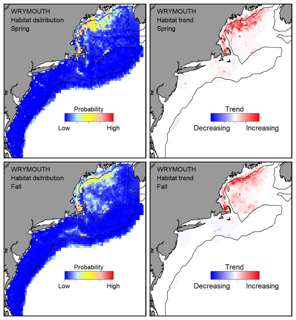 Probable habitat distribution for wrymouth showing the highest concentration and increasing trend in the Gulf of Maine during the spring. Bottom row: Probable habitat distribution for wrymouth showing the highest concentration and increasing trend in the Gulf of Maine during the fall.