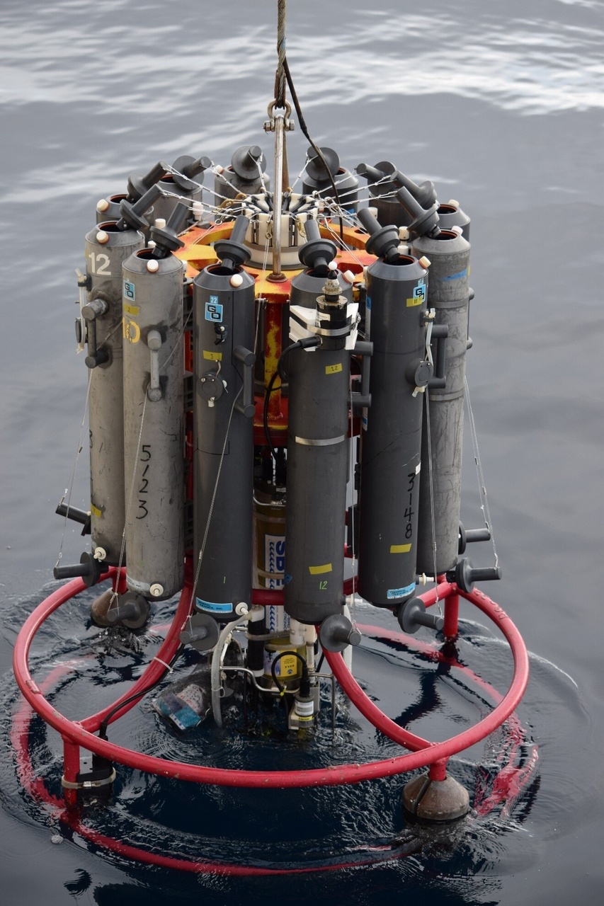A carousel containing instruments and bottles to collect water column data from surface to near bottom depths on sea temperature, salinity, light, amount and species composition of chlorophyll, nutrients, and the presence of harmful algae.