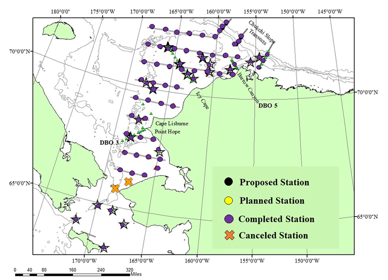 Map of Chukchi and Beaufort seas featuring plots indicating proposed, planned completed and canceled survey stations.