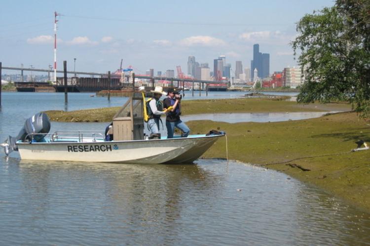 dam-migration-miss/md_77KYfQTC0joh.jpg Two men stand on a small, white NOAA research boat as it's stopped near land. Big bridge and city buildings can be seen in the background.