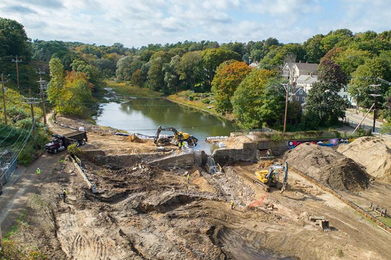 Removal of Holmes Dam on Town Brook in Plymouth, Massachusetts. (Credit: Hawk Visuals)